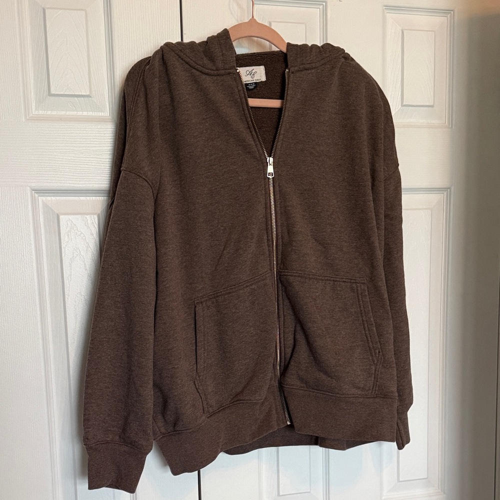 Brown Zip-Up Hooded Sweatshirt American eagle